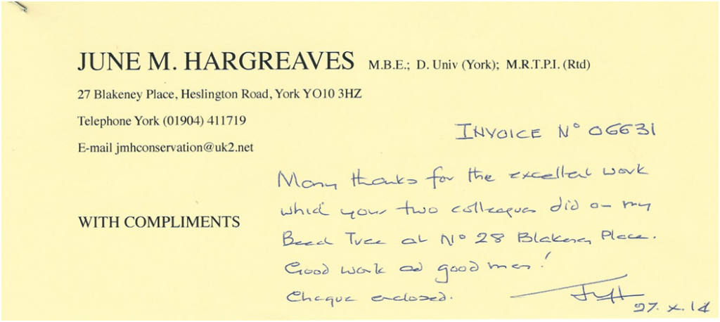 Handwritten letter reading:

Invoice No 06631
Many thanks for the excellent work which your two colleagues did on my Beech Tree at No 28 Blakeney Place. Good work and Good men!
